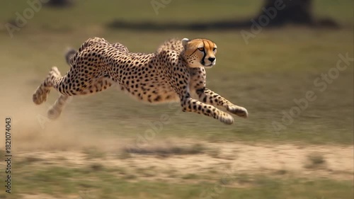 Cheetah Running at High Speed Across a Grassy Plain Kicking Up Dust photo (234