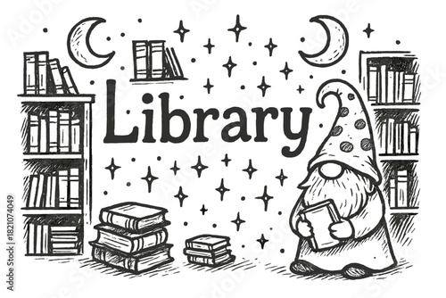 Gnome Library Illustration. Hand-drawn gnome library with moons, books, and sparkles, center word “Library” in black and white