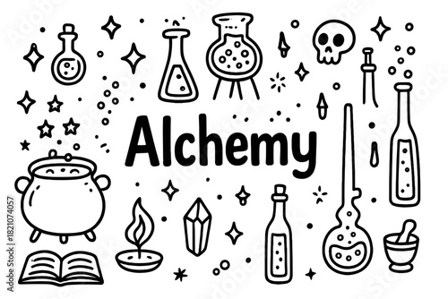 Alchemy Doodle Chamber. Doodle alchemy chamber with stars, bottles, and sparkles, center word “Alchemy” in black and white