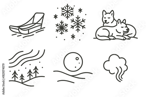 Peaceful Trail Icons. Line style icons of peaceful moments on trail: sled gliding in silence, snowflakes falling icon, dogs