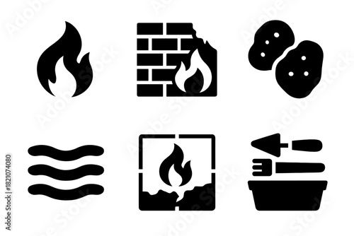 Fire Damage Icons. Line style icons of Disaster Archaeology: fire damage icon, burnt wall trace, charcoal sample, smoke layer,