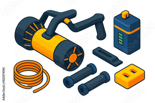 Underwater Diving Gear. Isometric vector illustration set Underwater diving gear – underwater scooter, throttle handle, propeller