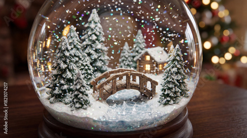 Snow globe with wooden bridge and snowy pine forest. Use for Christmas cards, winter scene marketing, seasonal branding and holiday storytelling visuals.
