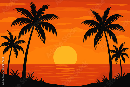 Tropical Sunset Serenity. Scenic tropical sunset with glowing orange skies and palm trees silhouetted against the ocean, serene