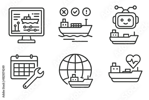 Global Fleet Icons. Line style icons of global fleet management: control center dashboard, ship status indicators, fleet command