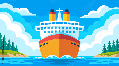Fototapeta Naklejka Na Ścianę i Meble -  A stylized cartoon illustration of a large cruise ship in a bright, cheerful setting.