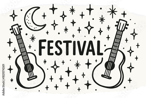 Musical Moonlit Festival. Hand-drawn music festival with moons, guitars, and sparkles, center word “Festival” in black and white