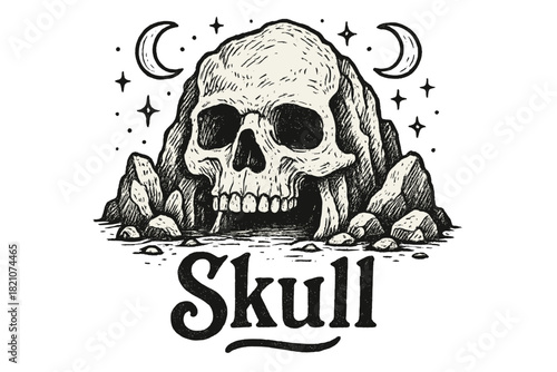 Skull Cave Artwork. Hand-drawn skull cave with moons, rocks, and sparkles, center word “Skull” in black and white isolated