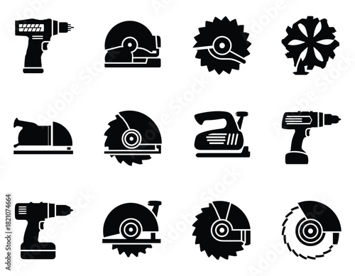 Power tools and construction equipment silhouettes electric drill circular saw grinder portable sander vector icon set