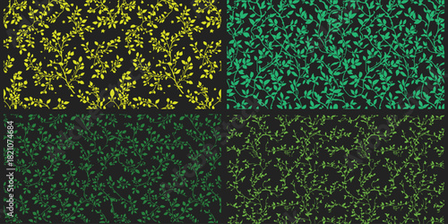  Vibrant foliage pattern set featuring dense botanical textures. Colorful leaf silhouettes create rich decorative surfaces. Seamless nature designs ideal for modern backgrounds.