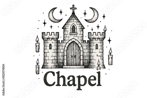 Chapel with Moons. Hand-drawn castle chapel with moons, candles, and sparkles, center word “Chapel” in black and white isolated