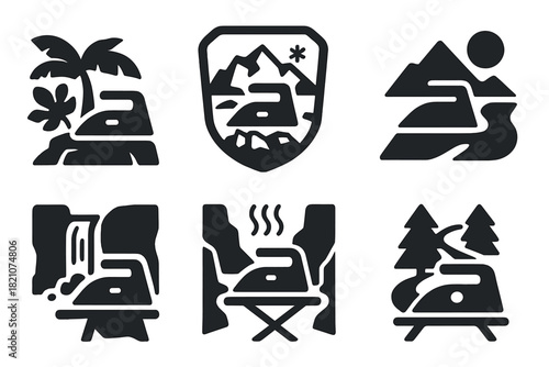 Global Ironing Icons. Solid style icons of global ironing spots: jungle press location, polar ironing badge, desert fabric panel.