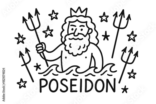Poseidon's Doodle Design. Doodle poseidon with stars, tridents, and waves, center word “Poseidon” in black and white isolated