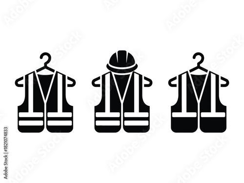 Safety vest and construction helmet hanging on clothes hangers worker uniform icon set industrial protective gear vector