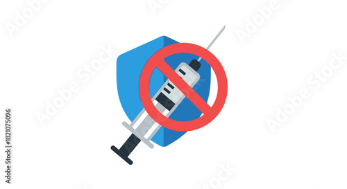 Syringe with prohibition sign over blue shield icon isolated on