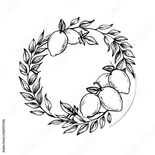 Lemon fruit and leaf wreath botanical line art design