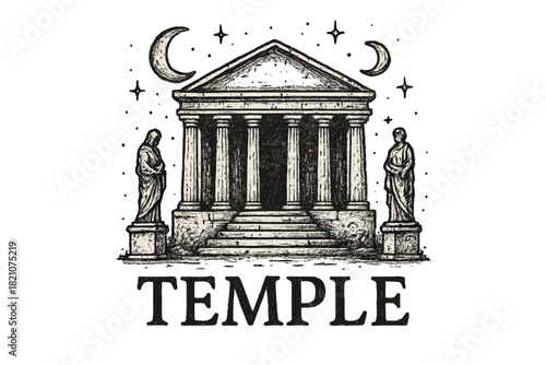 Ancient Temple Design. Hand-drawn ancient temple with moons, statues, and sparkles, center word “Temple” in black and white
