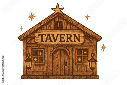 Cozy Tavern Scene. Hand-drawn tavern with warm brown wood, golden lanterns, glowing stars, center word “Tavern”, isolated