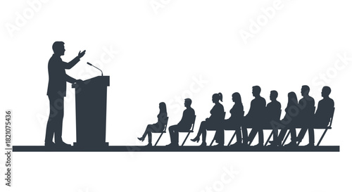 Silhouette of speaker at podium addressing seated audience isolated on