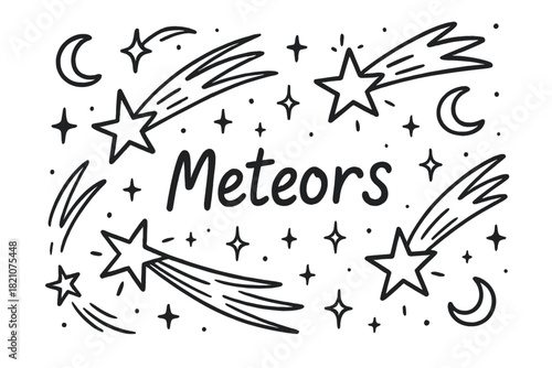 Meteors and Shooting Stars. Doodle shooting stars with trails, sparkles, and moons, center word “Meteors” in black and white