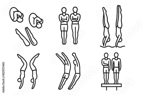 Synchronized Diving Icons. Line style icons of synchronized diving: two divers mid-air, mirrored tuck position, side-by-side twist
