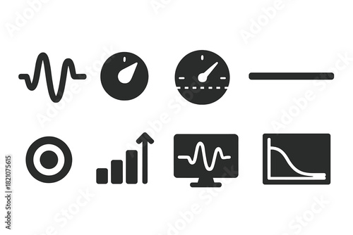 DIY Biosignal Calibration. Solid style icons of DIY biosignal calibration: wave pattern chart, gain knob icon, threshold dial.