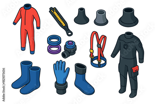 Underwater Diving Gear. Isometric vector illustration set Underwater diving gear – thermal undersuit, drysuit zipper, seals; glove