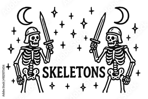 Skeleton Guards and Moons. Hand-drawn skeleton guards with moons, swords, and sparkles, center word “Skeletons” in black and white
