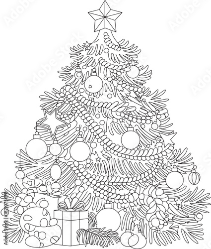 Christmas tree Detailed black line art