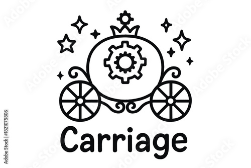 Doodle Gear Carriage. Doodle gear-driven carriage with stars, wheels, and sparkles, center word “Carriage” in black and white