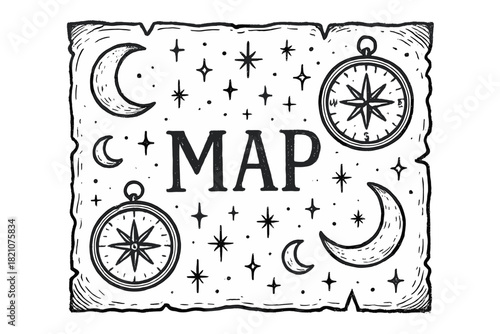 Navigator Map Sketch. Hand-drawn navigator map with moons, compasses, and sparkles, center word “Map” in black and white isolated