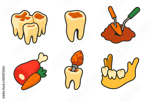 Ancient Dental Health Icons. Isometric vector illustration set Paleopathology of dental health: tooth wear patterns, ancient
