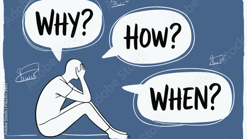 Abstract illustration of a solitary figure contemplating in a minimalist geometric space with vibrant color accents