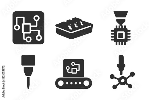 Microelectronics Icon Set. Solid style icons of micro-manufactured electronics: PCB print icon, circuit assembly tray, SMT micro