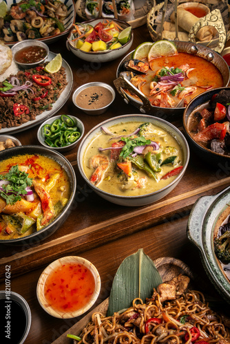 many different thai food dishes on table in modern restaurant in bangkok thailand