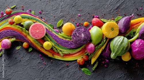 Vibrant raw produce forming a colorful wave on slate