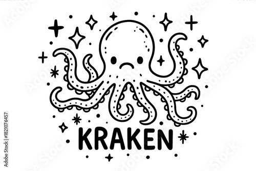 Doodle Kraken Magic. Doodle kraken with stars, tentacles, and sparkles, center word “Kraken” in black and white isolated