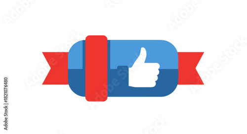 Blue and red award ribbon badge with white thumbs up like icon