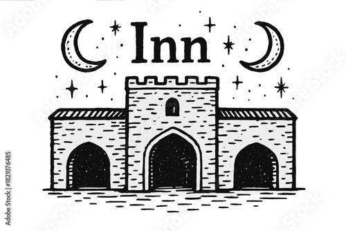 Caravanserai Sketch Design. Hand-drawn caravanserai with moons, arches, and sparkles, center word “Inn” in black and white