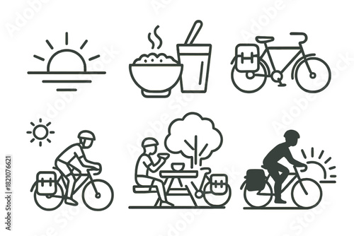 Daily Cyclist Icons. Line style icons of daily cyclist routine: sunrise start time, breakfast with oats, packing panniers icon,