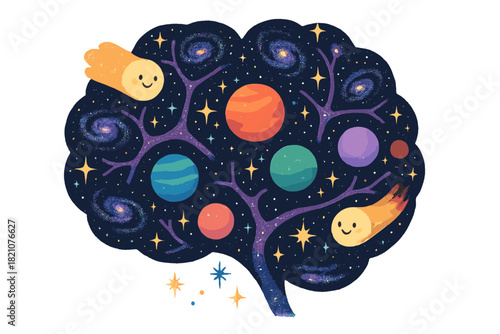 Cosmic Mindscape. Playful inner universe with galaxies as neurons, stars as memories, planets of emotions, and smiling comets of