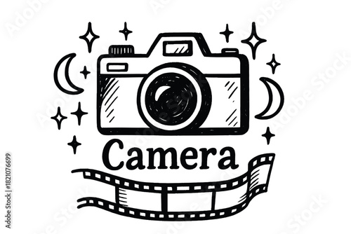 Celestial Camera Design. Hand-drawn camera with moons, sparkles, and film, center word “Camera” in black and white isolated