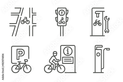 Bike-Friendly City Icons. Line style icons of bike-friendly cities: city bike lane grid, cyclist crossing light, bike repair