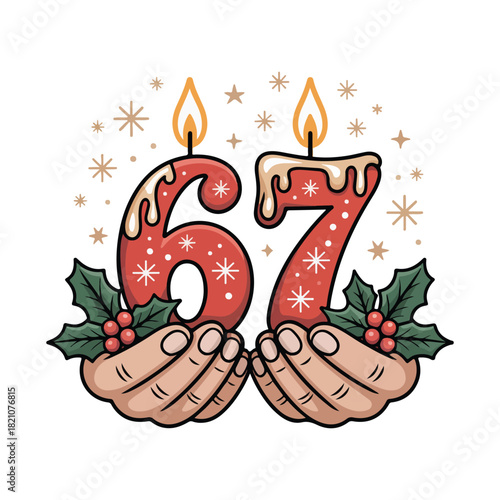 Christmas 67 Candle Illustration – Festive Number Candles with Holly, Snowflakes & Cozy Hands
