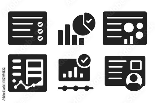 DAO Dashboard Icons. Solid style icons of DAO dashboards and analytics: proposal list screen, token voting graph, treasury pie