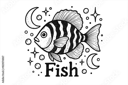 Tropical Fish Magic. Hand-drawn tropical fish with moons, bubbles, and sparkles, center word “Fish” in black and white isolated