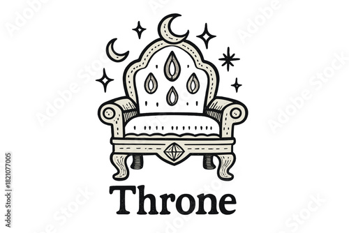 Sultan's Jewel-Encrusted Throne. Hand-drawn sultan throne with moons, jewels, and sparkles, center word “Throne” in black and