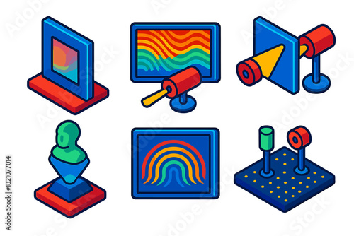 Holography Essentials Icons. Isometric vector illustration set Holography Principles: holographic plate, interference pattern,