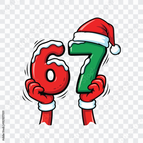 Festive 67 Christmas Numbers – Red and Green Cartoon Holiday Digits with Santa Hats and Snow Accents