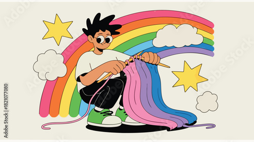 Whimsical character design of a dream weaver person literally knitting a web or fabric with vibrant colors and classic typography elements suitable for creative projects and storytelling